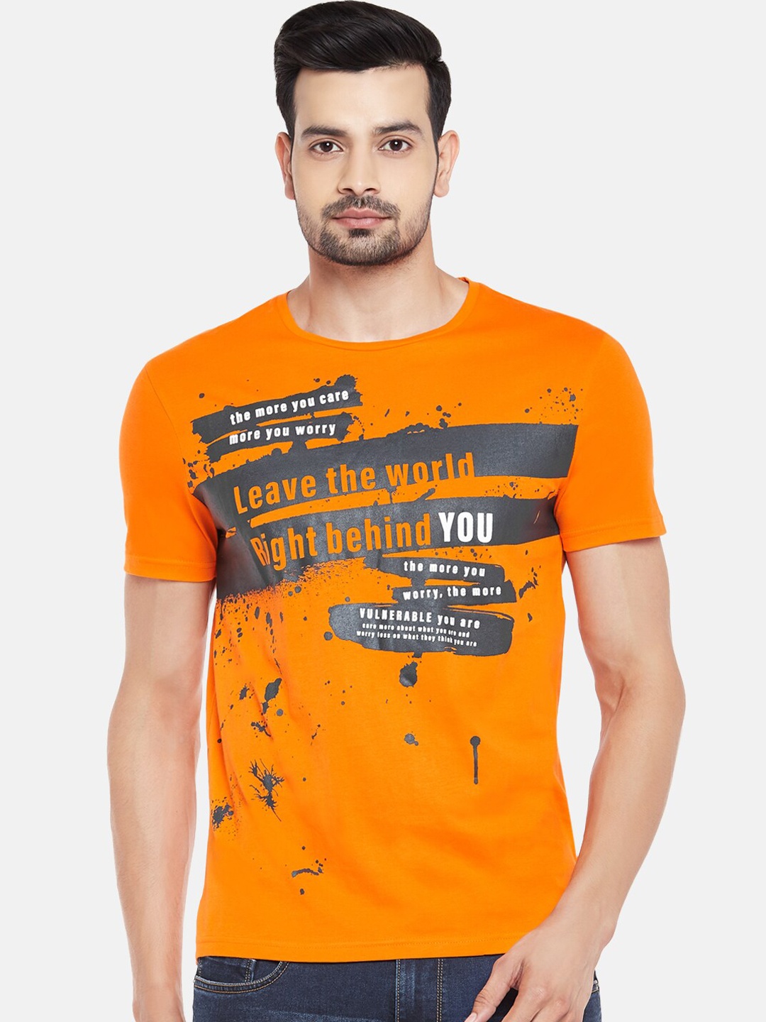 

People Men Orange Printed Cotton Round Neck Pure Cotton T-shirt