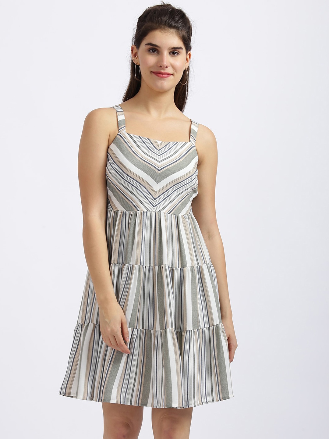 

Zink London Women White Striped Fit and Flare Dress