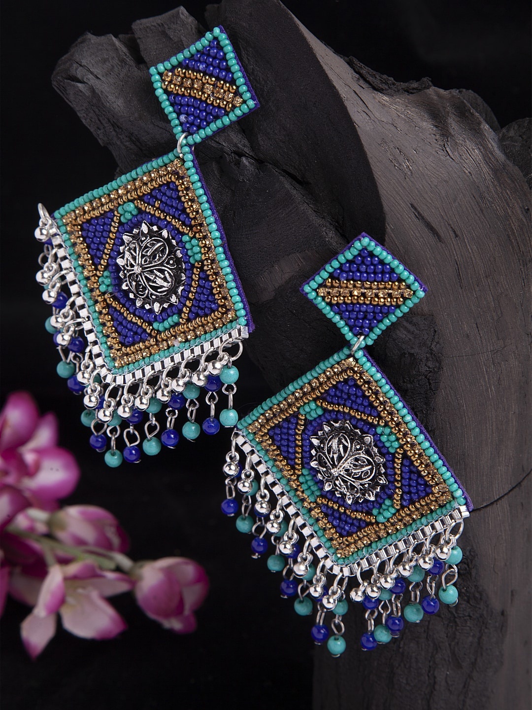 

Moedbuille Turquoise Blue Beads Studded Oxidised Silver Plated Handcrafted Contemporary Chandbalis