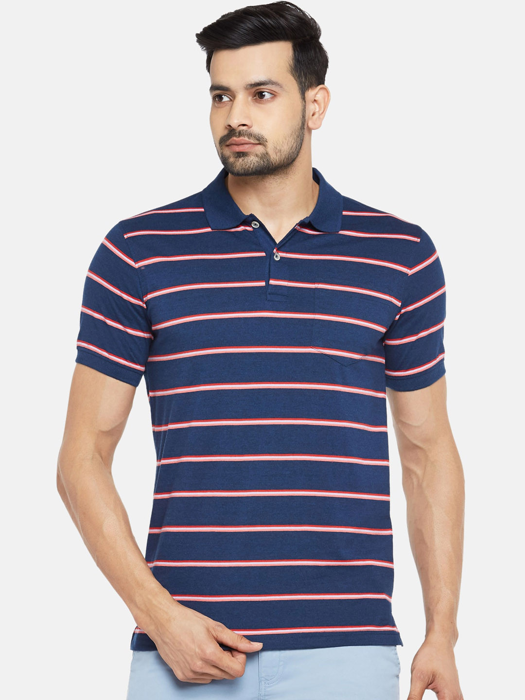 

BYFORD by Pantaloons Men Blue Striped Polo Collar T-shirt