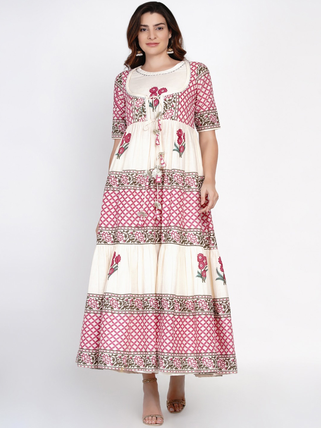 

Bhama Couture Women White & Pink Ethnic Motifs Printed Anarkali Kurta