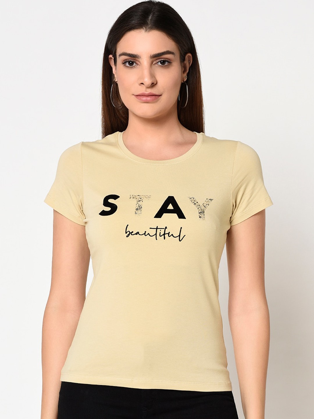 

METTLE Women Beige Printed Round Neck T-shirt
