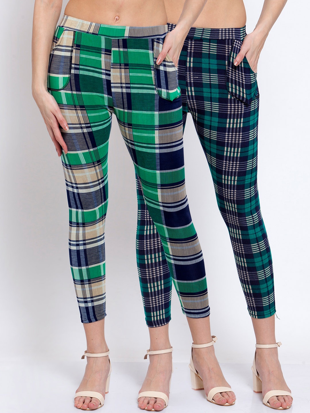 

KLOTTHE Women Pack Of 2 Checked Skinny-Fit Treggings, Green