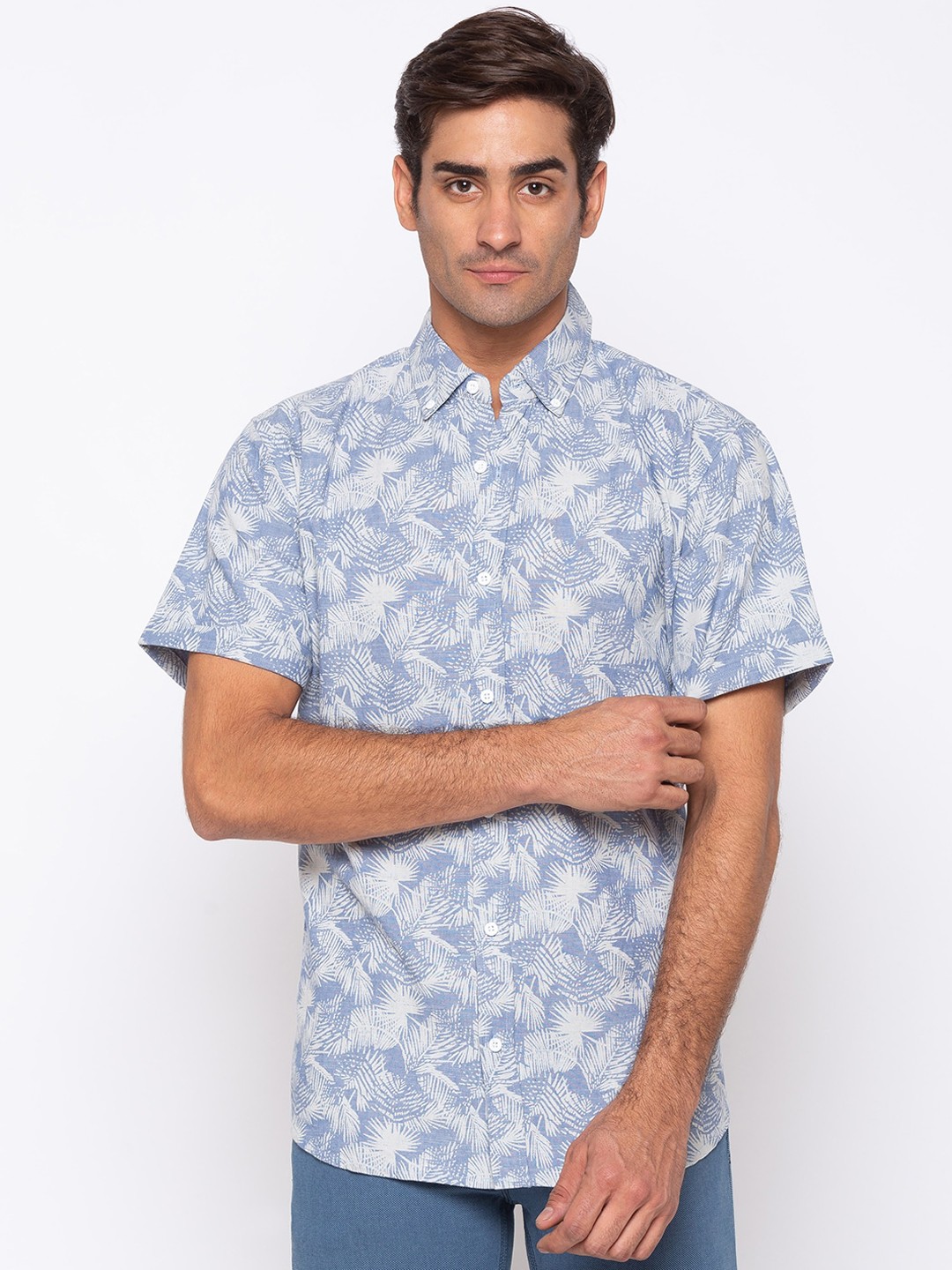 

Nick&Jess Men Blue & Grey Slim Fit Printed Denim Casual Shirt