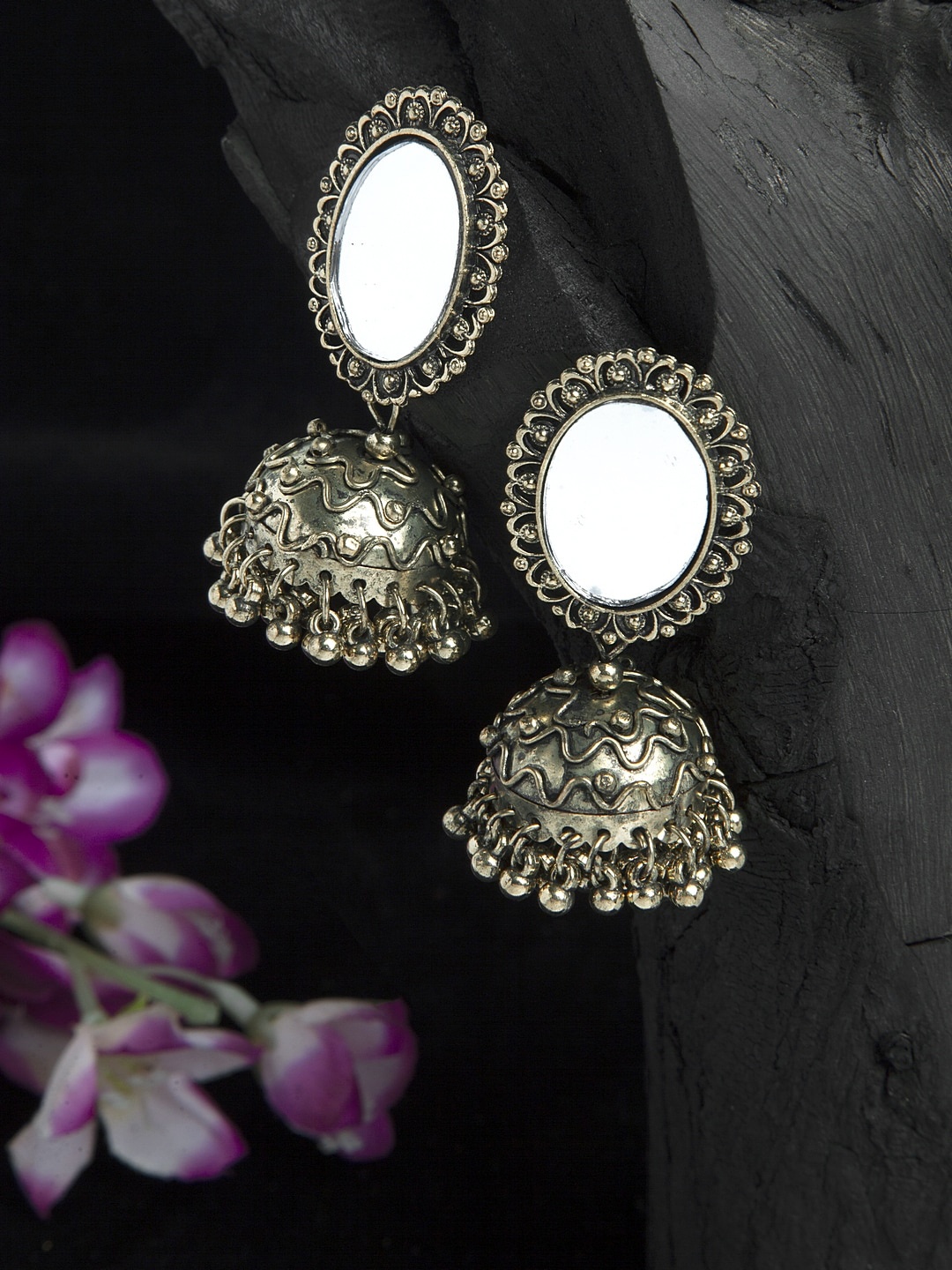 

Moedbuille Mirror Studded Chandelier Design Oxidised Gold Plated Handcrafted Jhumkas