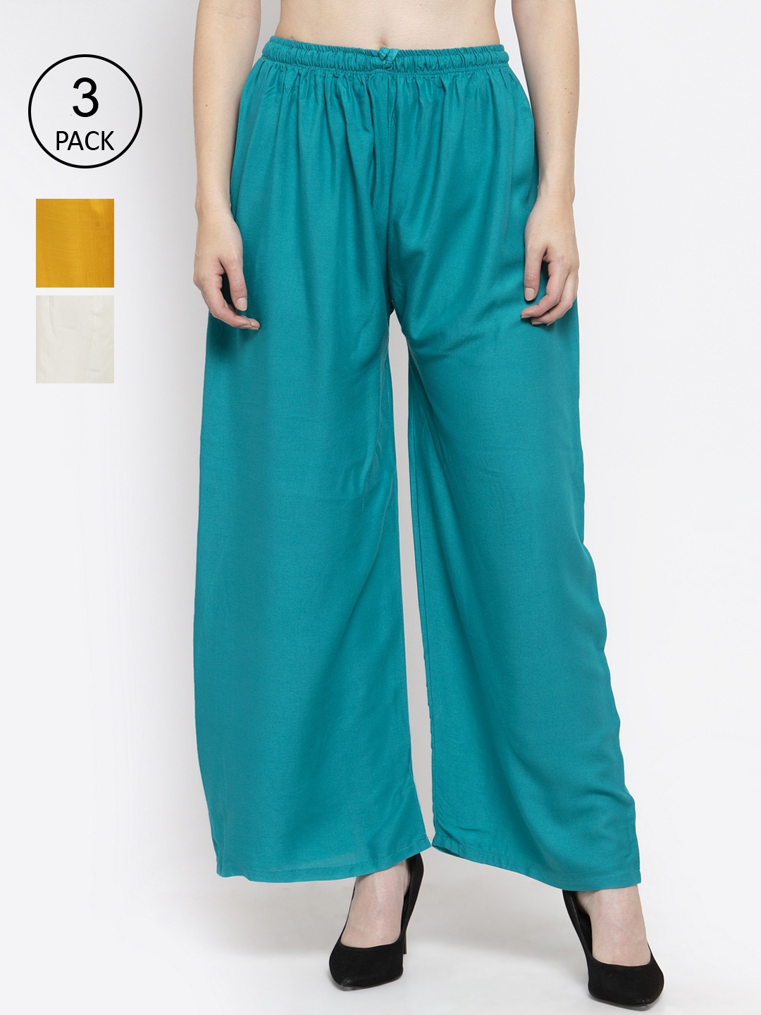 

Clora Creation Women Pack Of 3 Solid Wide Leg Palazzos, Turquoise blue
