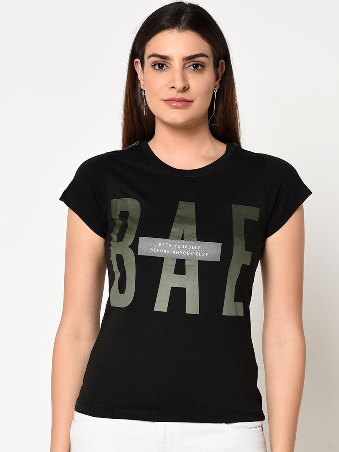 

METTLE Women Black Printed Round Neck T-shirt