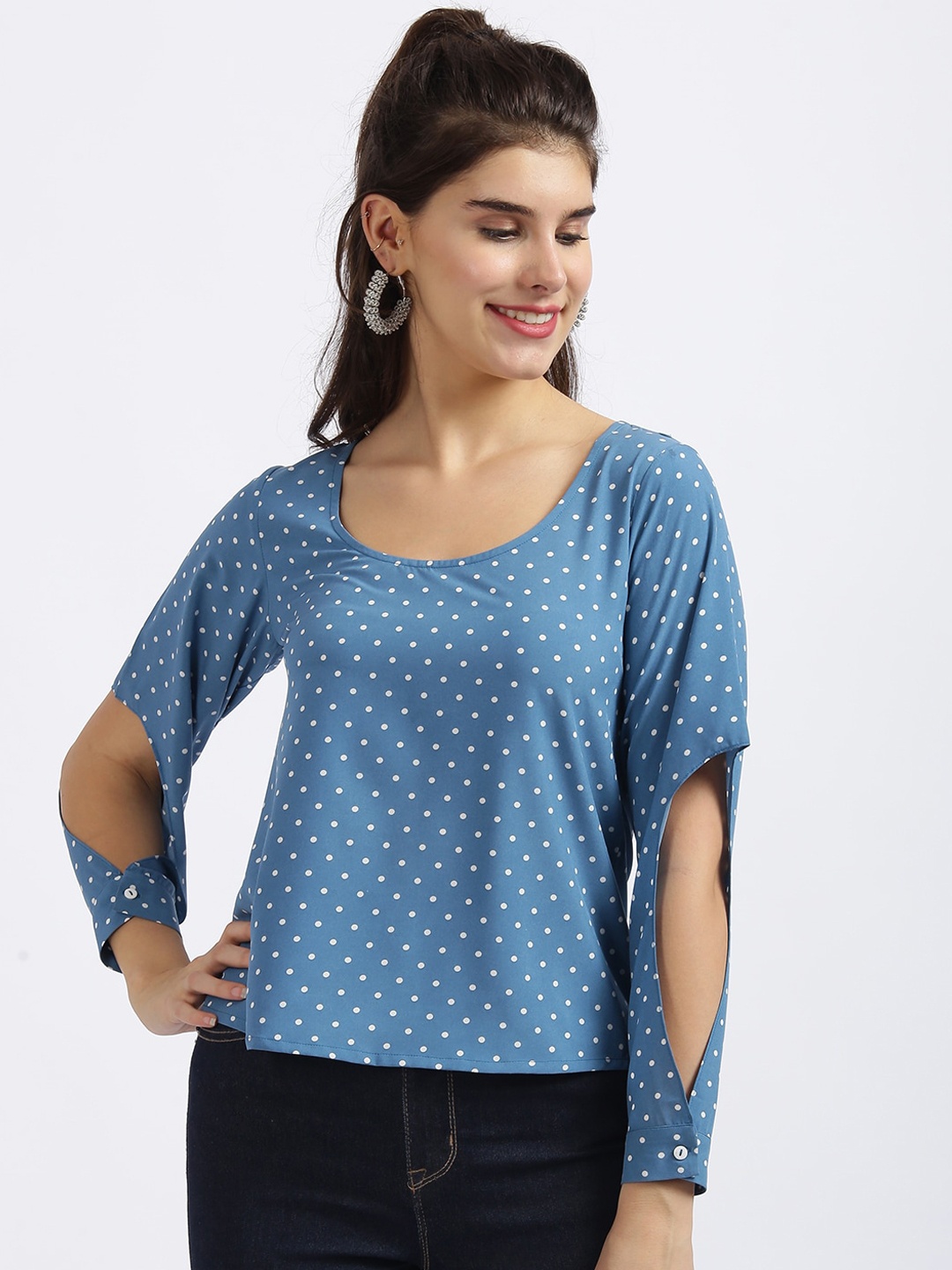 Zink London Women Blue Printed Slit Sleeves Regular Top