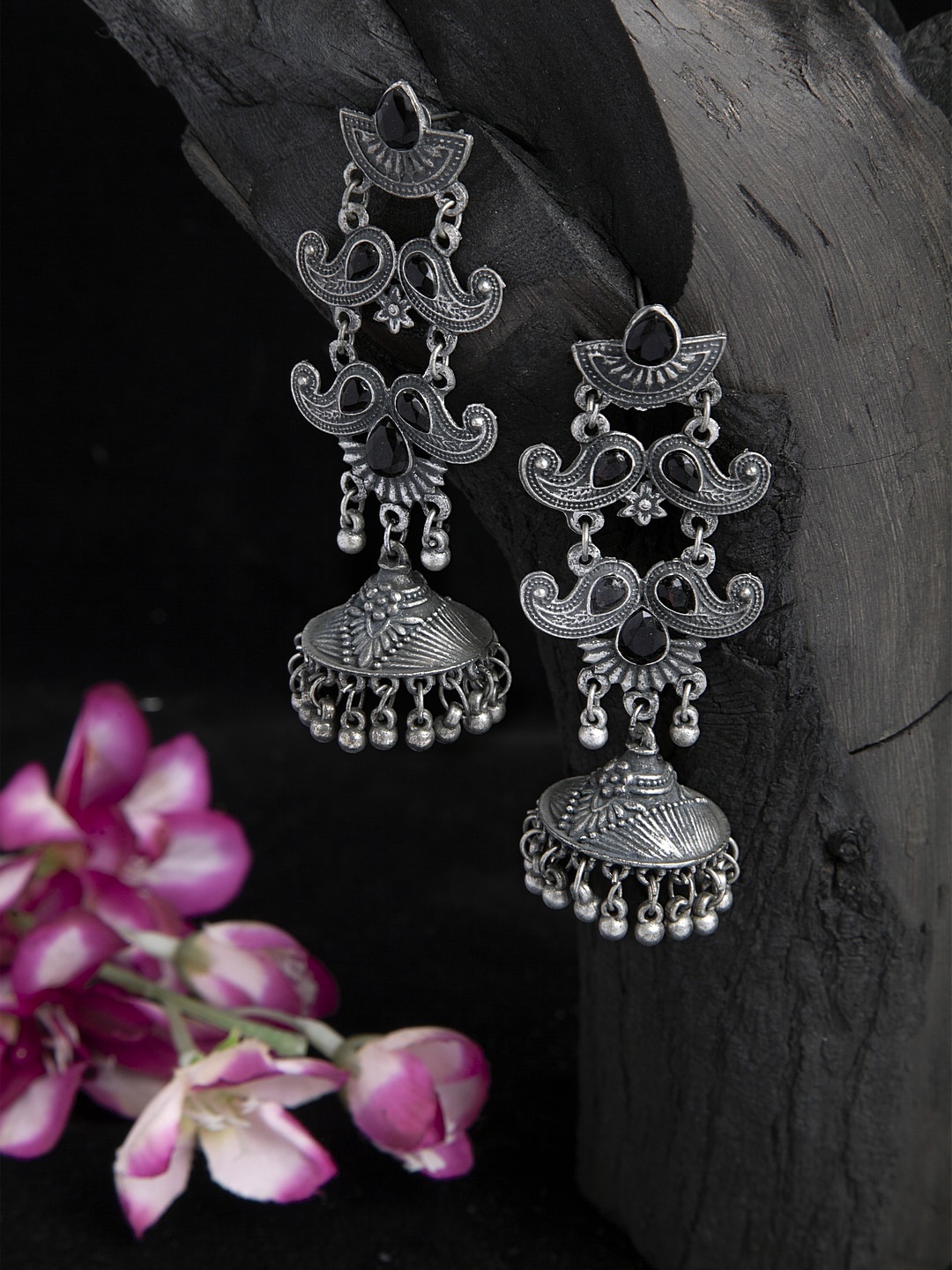 

Moedbuille Black Stones Studded Temple Design Oxidised Silver Plated Handcrafted Tribal Jhumkas, Metallic