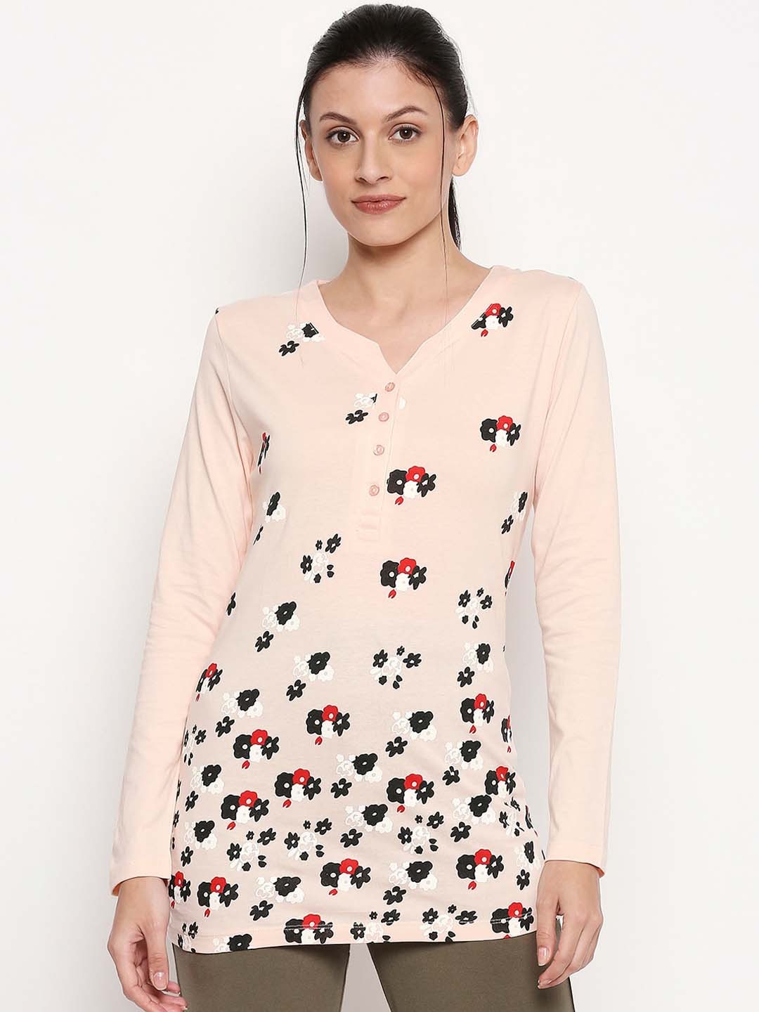 

XIN Women Peach-Coloured Floral Printed V-Neck T-shirt