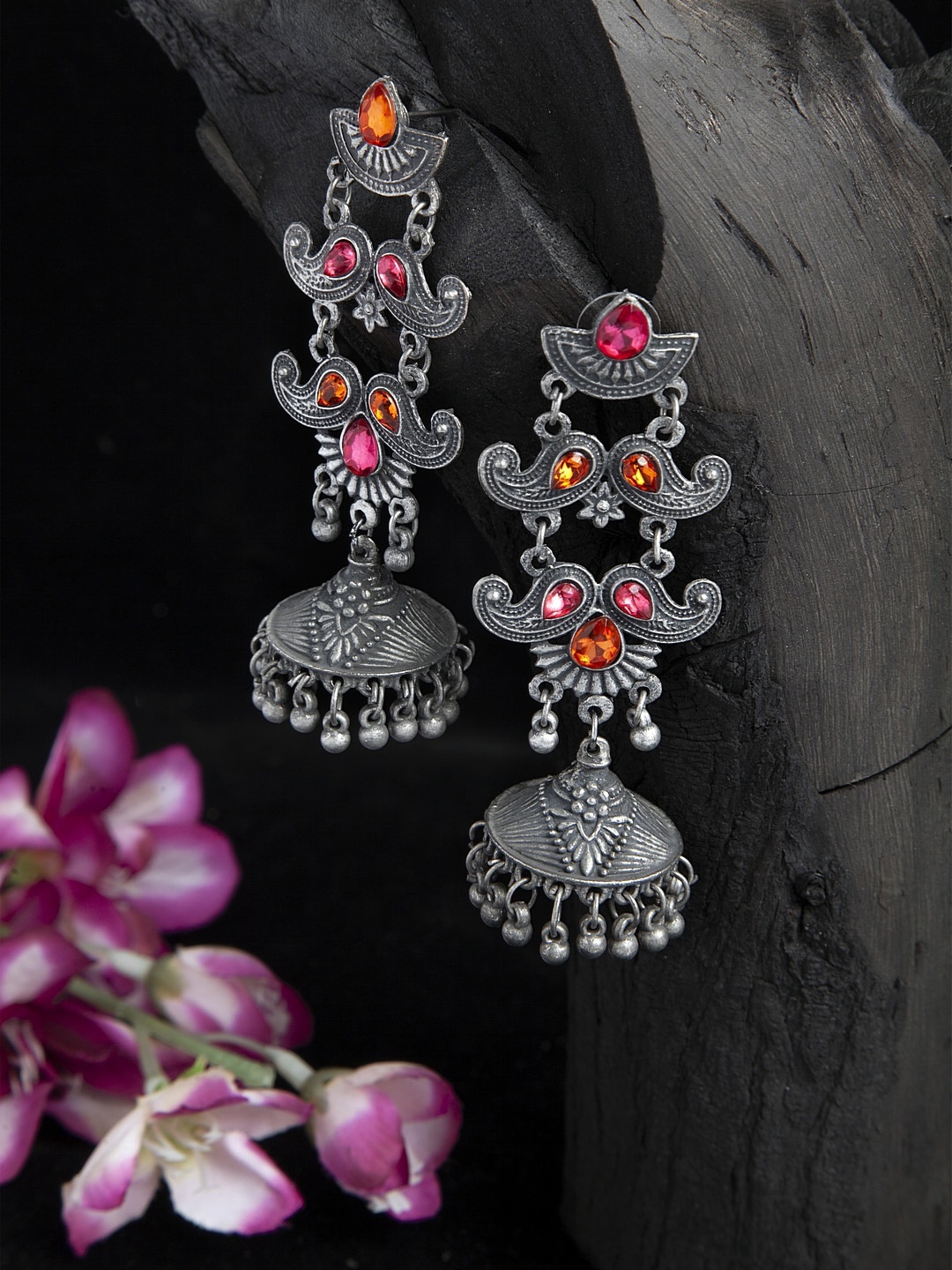 

Moedbuille Pink & Orange Stones Temple Design Oxidised Silver Plated Handcrafted Tribal Jhumkas, Metallic