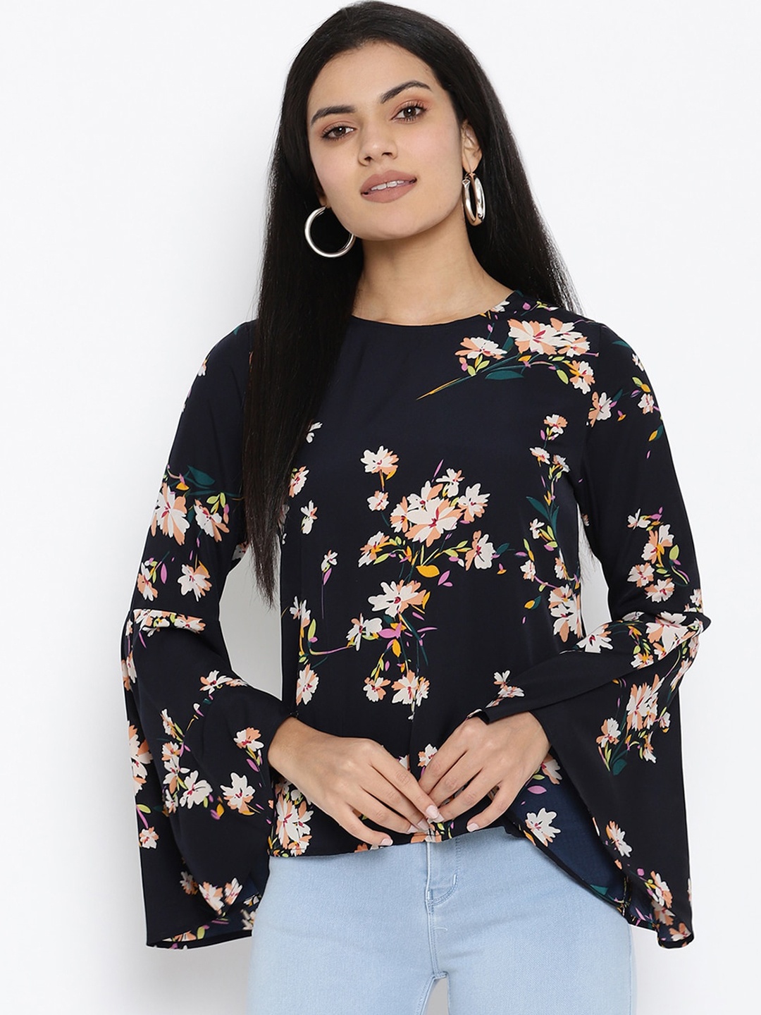 

House Of Kkarma Black & Off White Floral Printed Bell Sleeves Crepe Regular Top