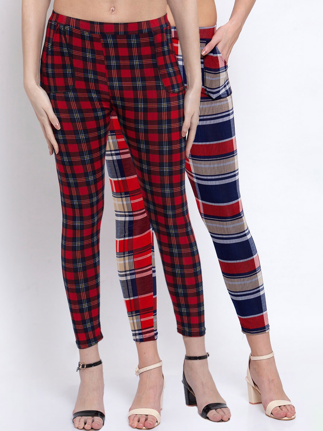

KLOTTHE Women Pack Of 2 Multicoloured Checked Skinny-Fit Treggings, Red