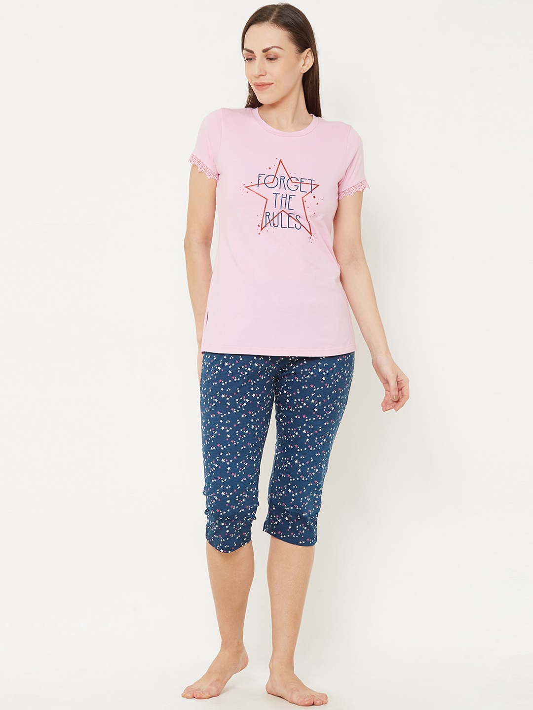 

Sweet Dreams Women Pink & Blue Printed Night suit