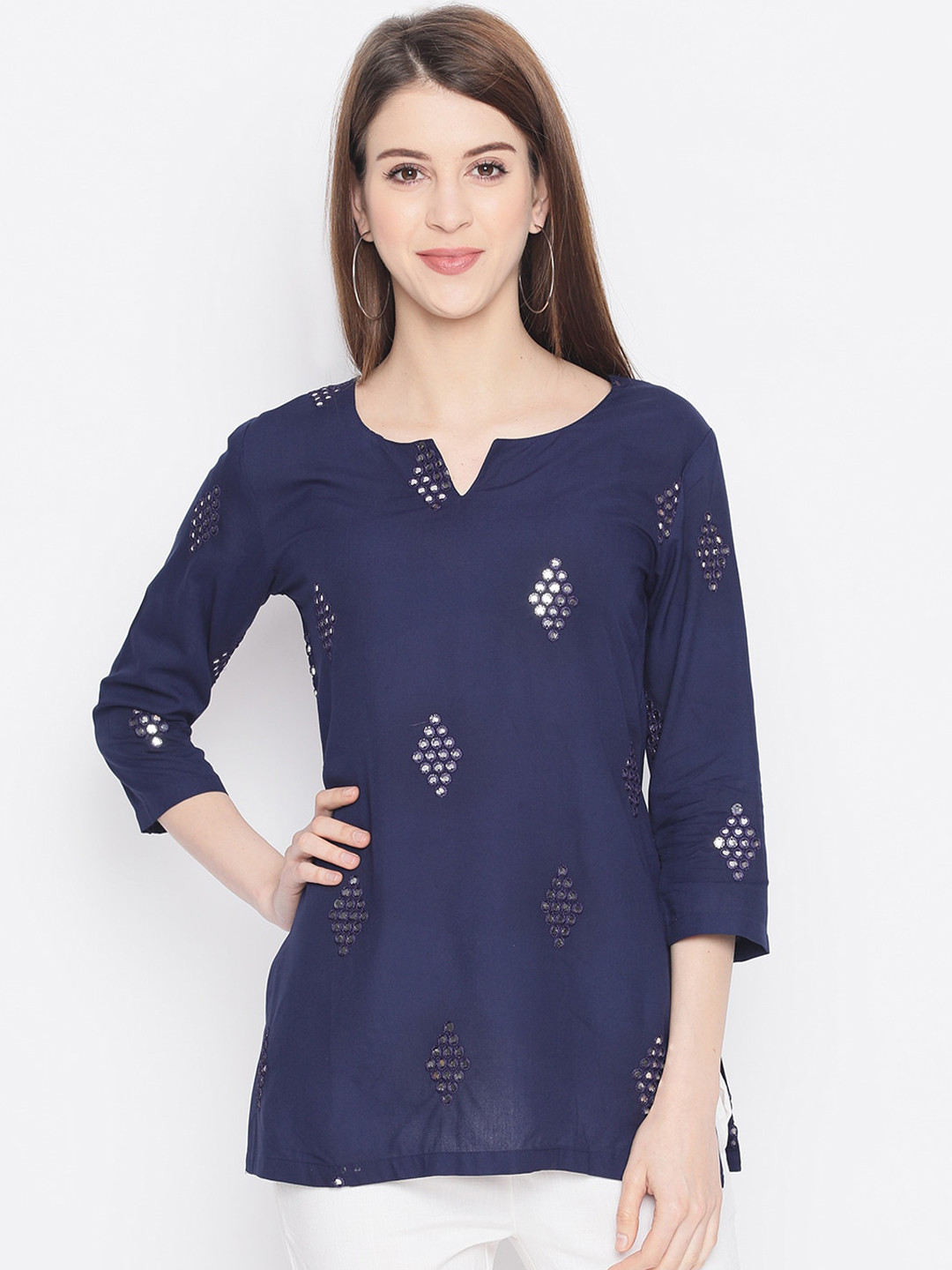 

AKIMIA Women Navy Blue & Silver-Coloured Solid Mirror Work Cotton Straight Kurti