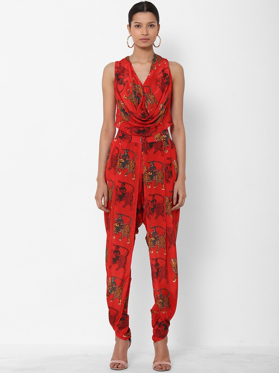

Masaba Women Red & Green Printed Top with Dhoti Pants & Cape Jacket