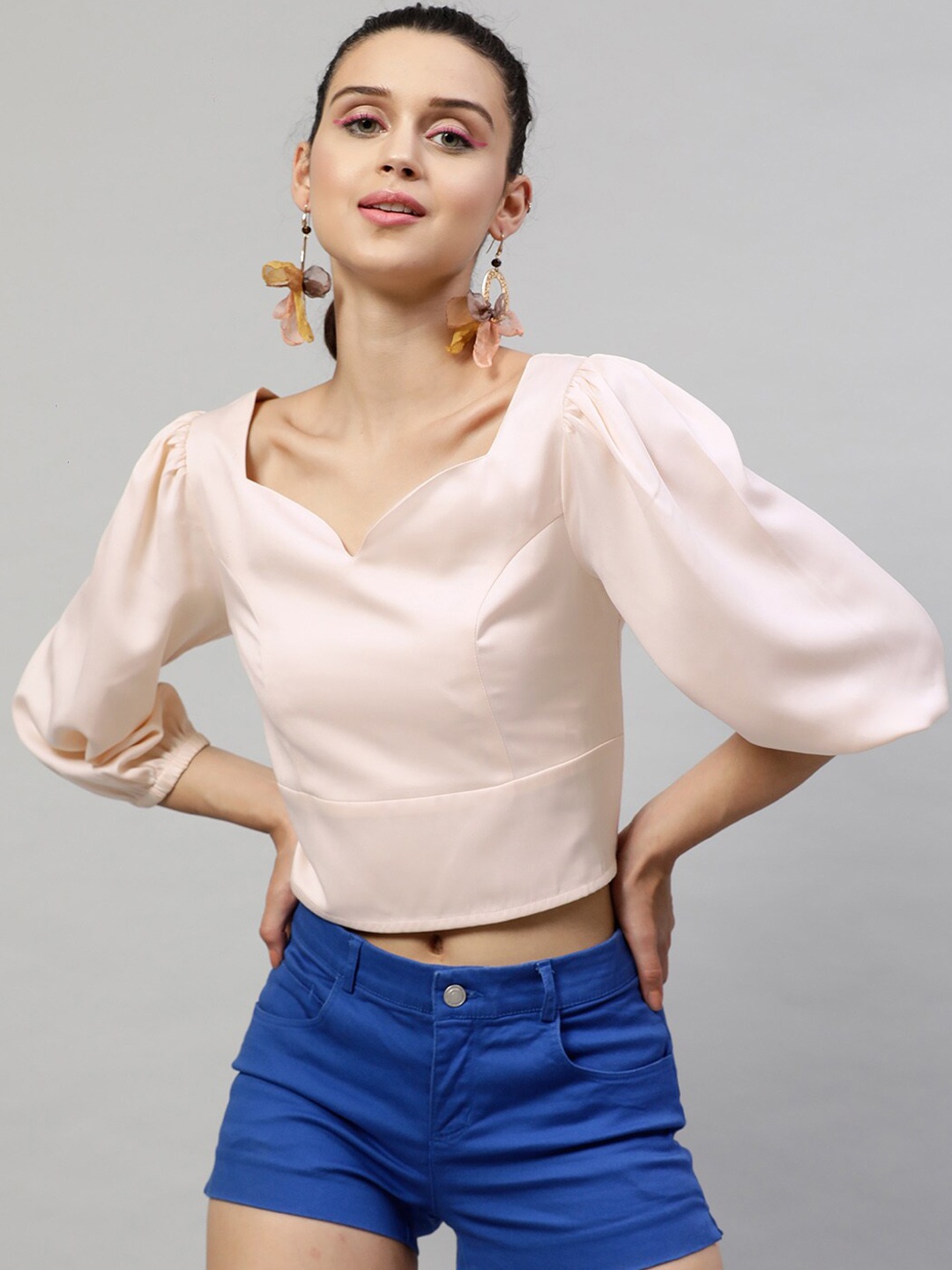 

Street 9 Pink Puff Sleeves Regular Crop Top