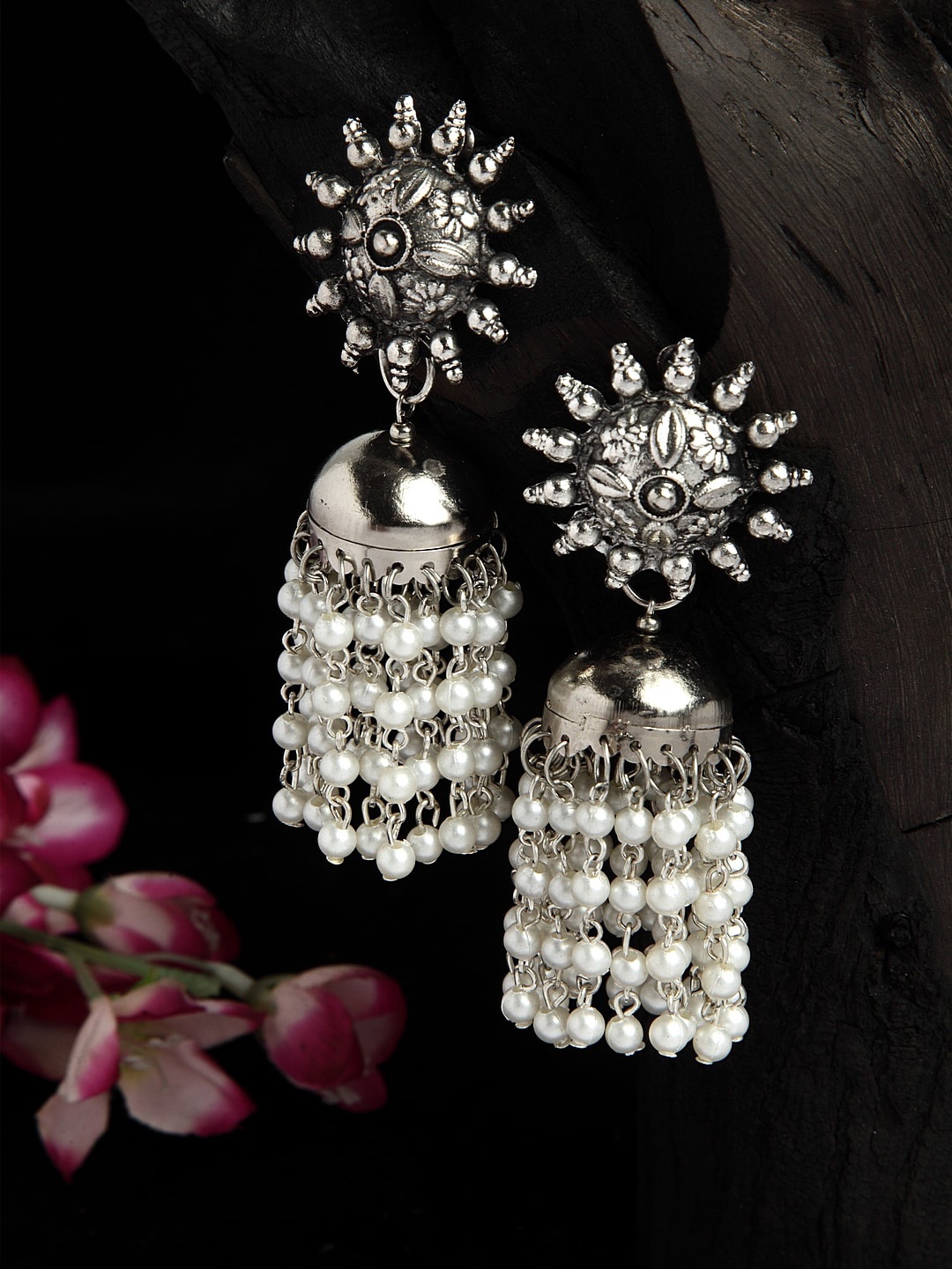 

Moedbuille Pearls Studded Tasselled Design Oxidised Silver Plated Handcrafted Tribal Chandbalis