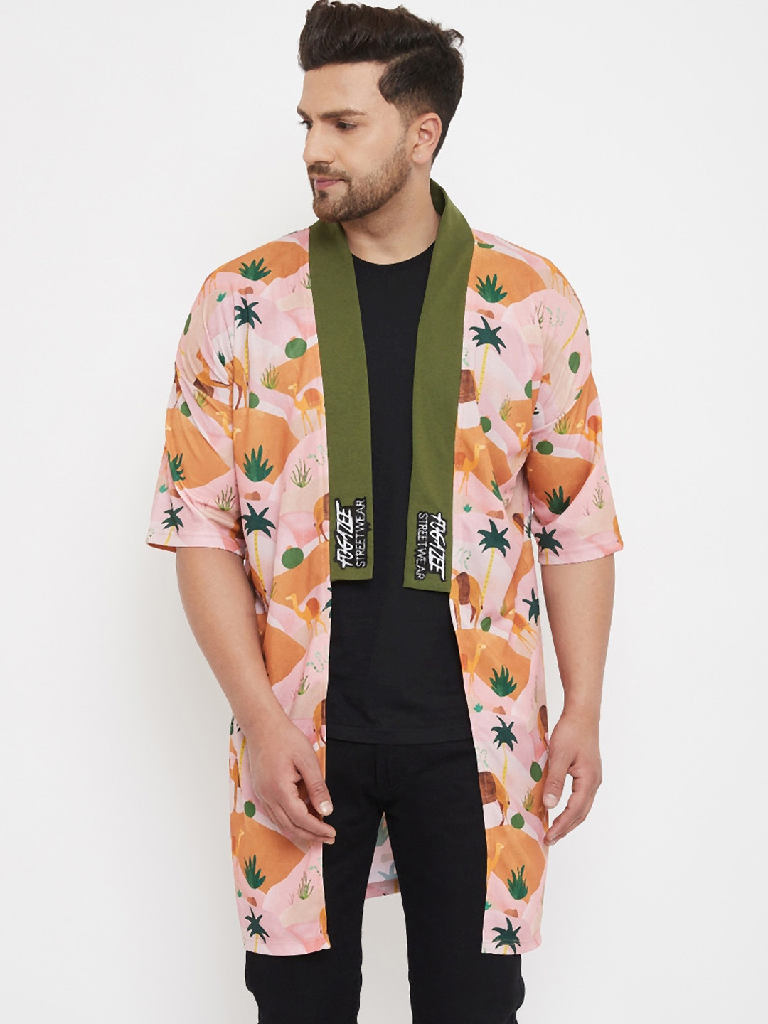 

FUGAZEE Men Peach-Coloured & Green Printed Open Front Kimono Shrug