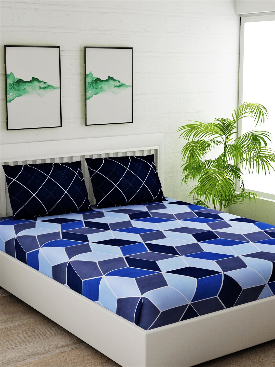 

Salona Bichona Navy Blue Geometric 144 TC Polyester 1 Queen Bedsheet with 2 Pillow Covers
