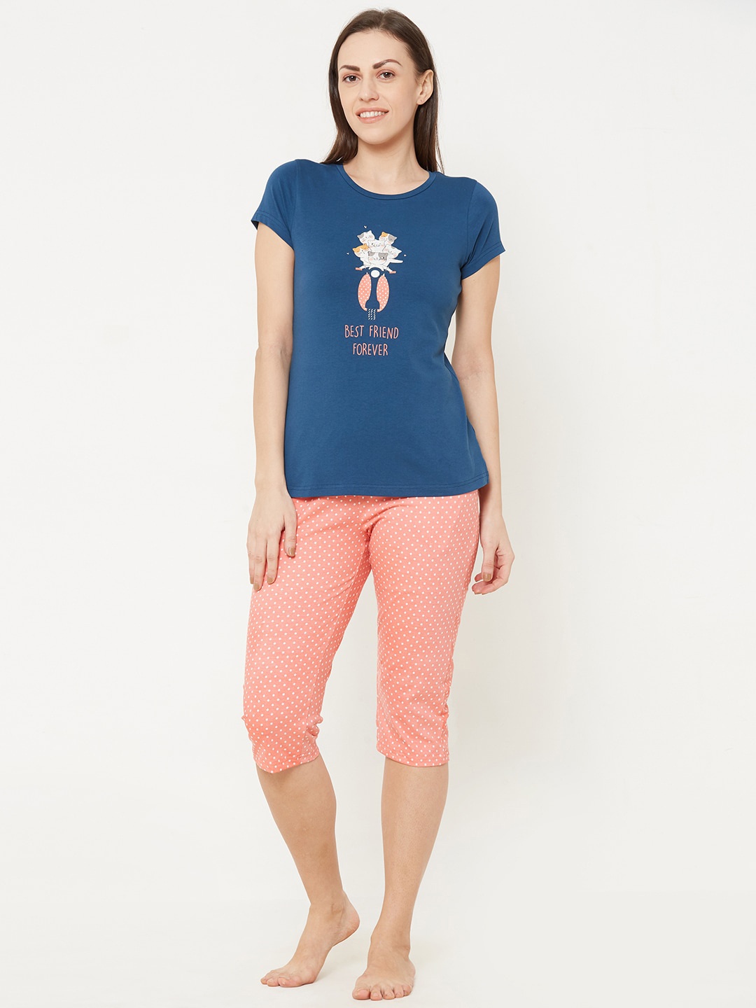 

Sweet Dreams Women Navy Blue & Coral Printed Night suit