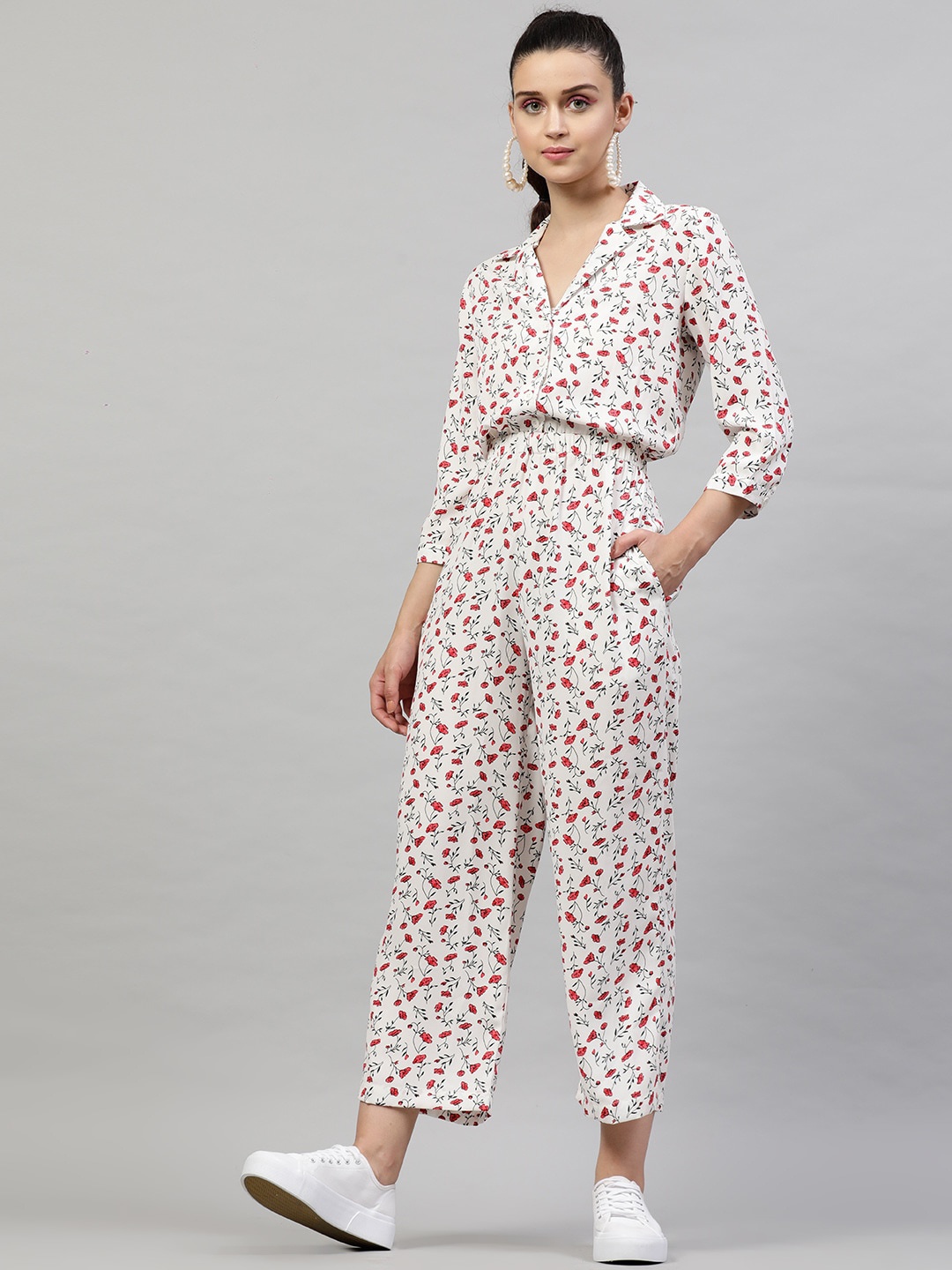 STREET 9 Women White & Red Printed Basic Jumpsuit
