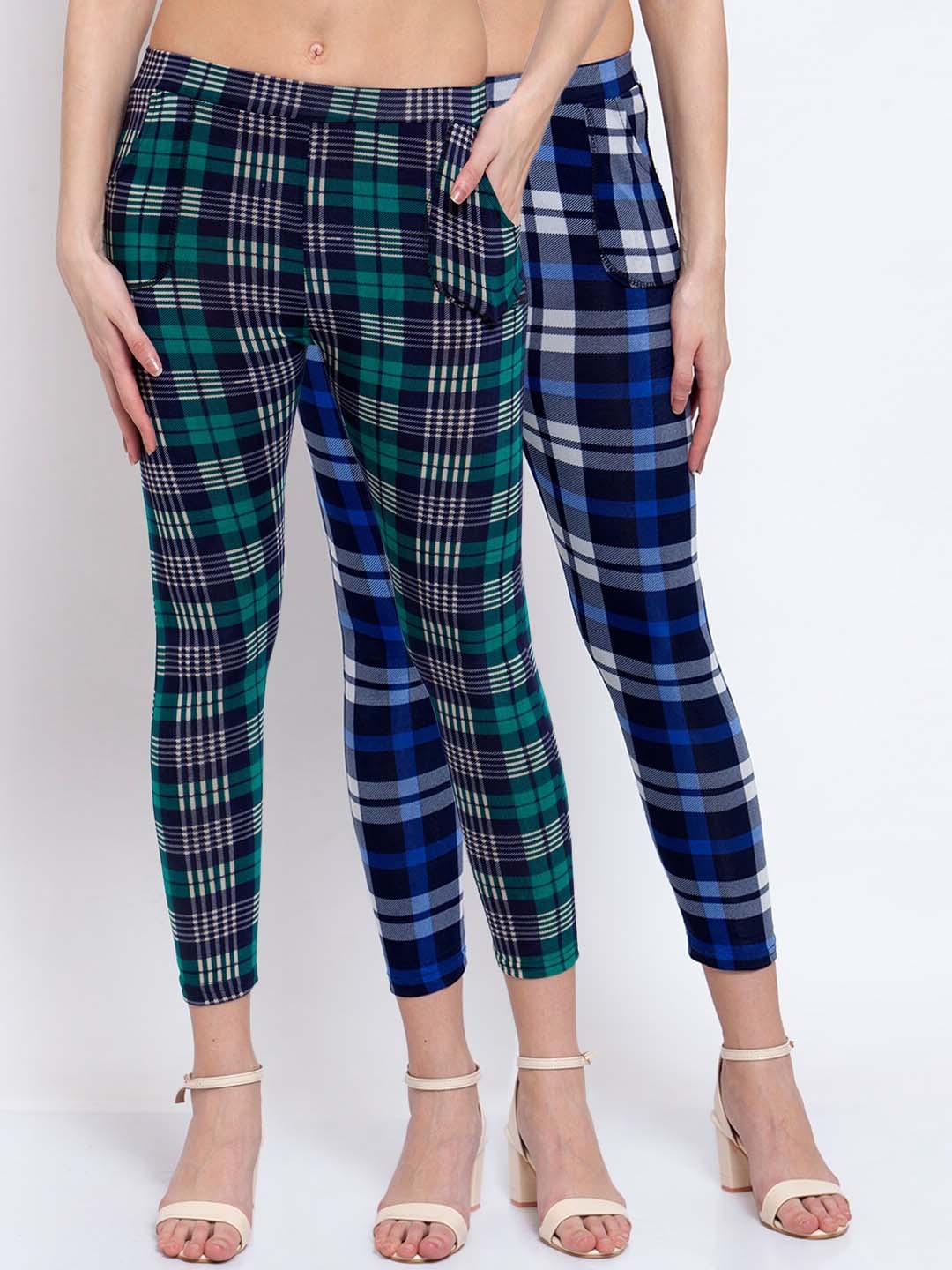 

KLOTTHE Women Pack Of 2 Checked Skinny-Fit Treggings, Green