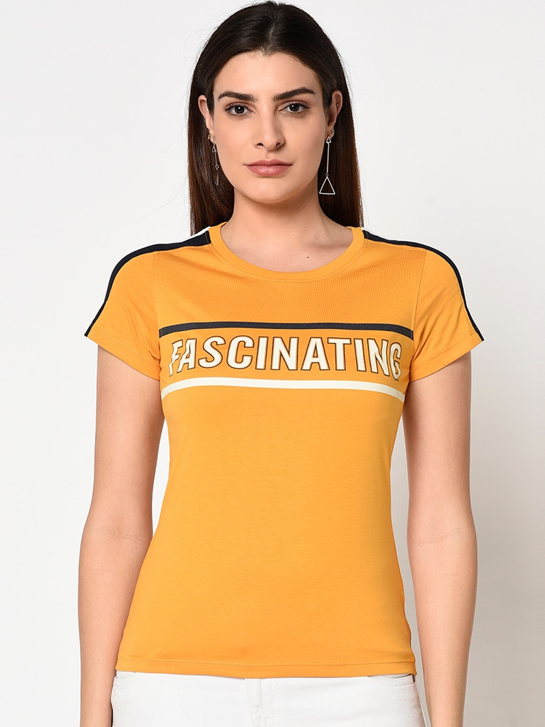 

METTLE Women Yellow Printed Round Neck T-shirt