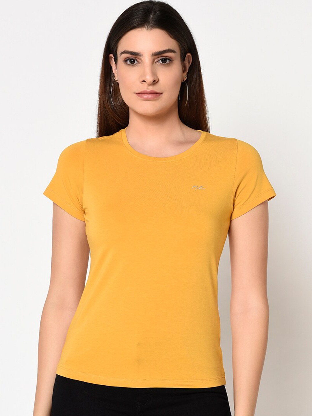 METTLE Women Yellow Solid Round Neck T-shirt