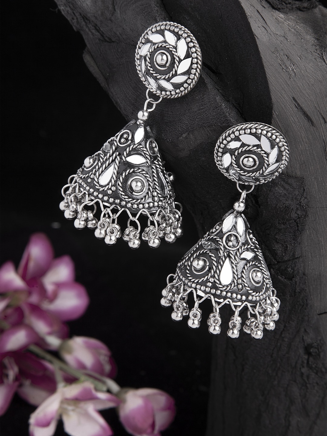 

Moedbuille Mirrors Studded Tribal Design Oxidised Silver Plated Handcrafted Jhumkas