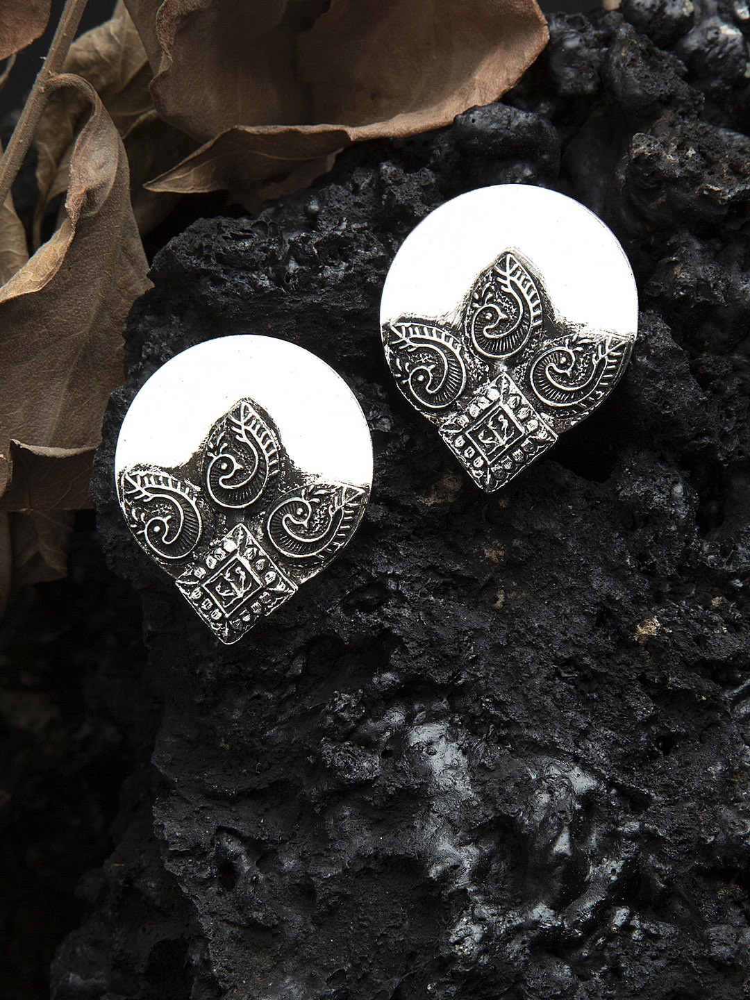 

Moedbuille Temple Design Oxidised Silver Plated Handcrafted Tribal Studs