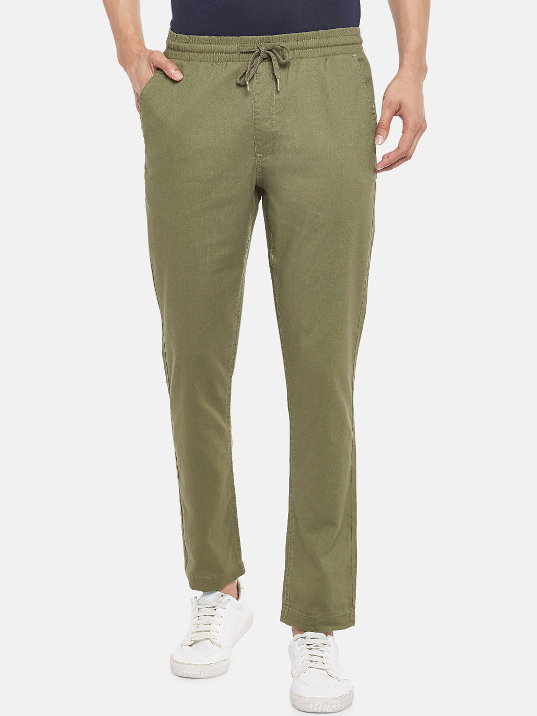 

Urban Ranger by pantaloons Men Olive Green Slim Fit Solid Cotton Regular Trousers