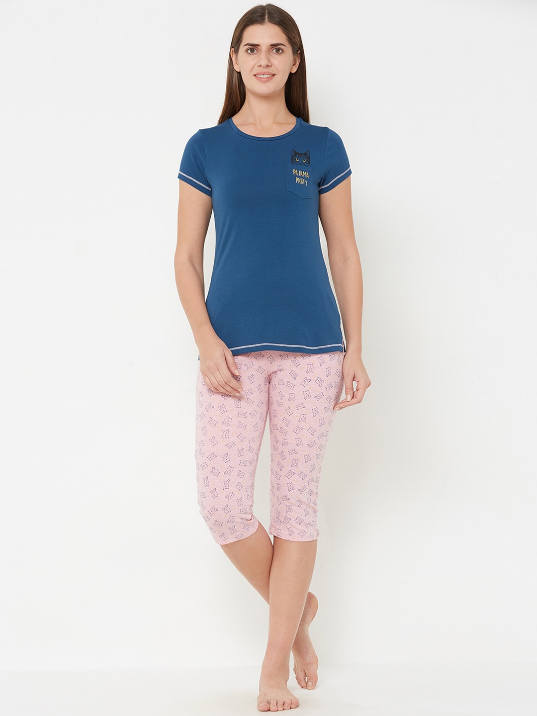 

Sweet Dreams Women Navy Blue & Pink Solid Night Suit 2118AU