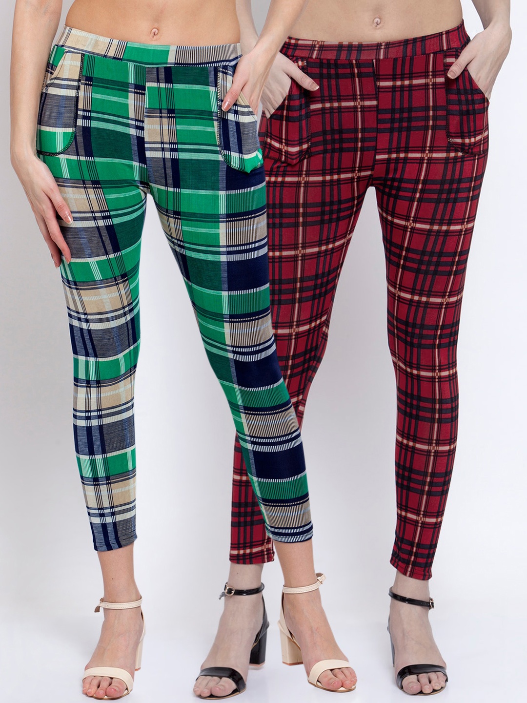 

KLOTTHE Women Pack Of 2 Multicoloured Checked Skinny-Fit Treggings, Multi