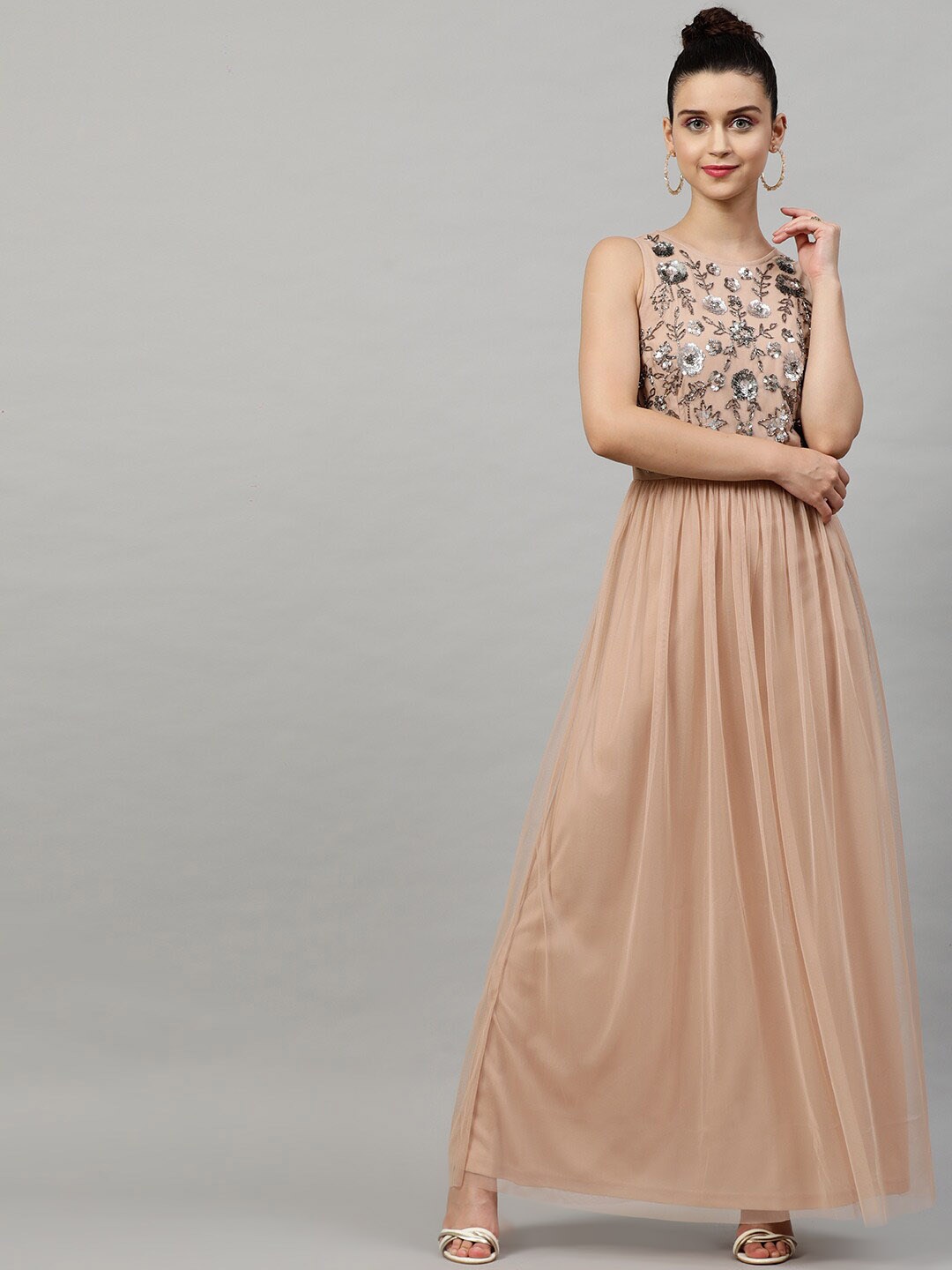 

STREET 9 Women Peach-Coloured Embellished Maxi Dress