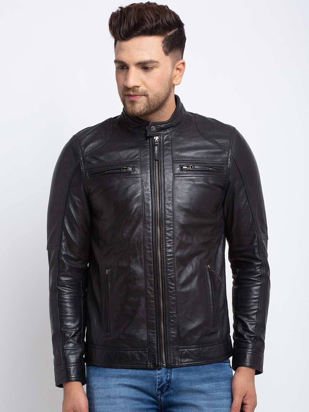 

Teakwood Leathers Men Black Solid Lightweight Leather Jacket