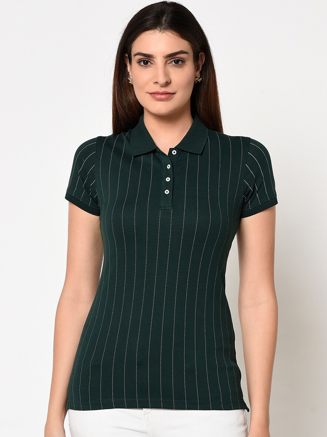 

METTLE Women Green Striped Polo Collar T-shirt