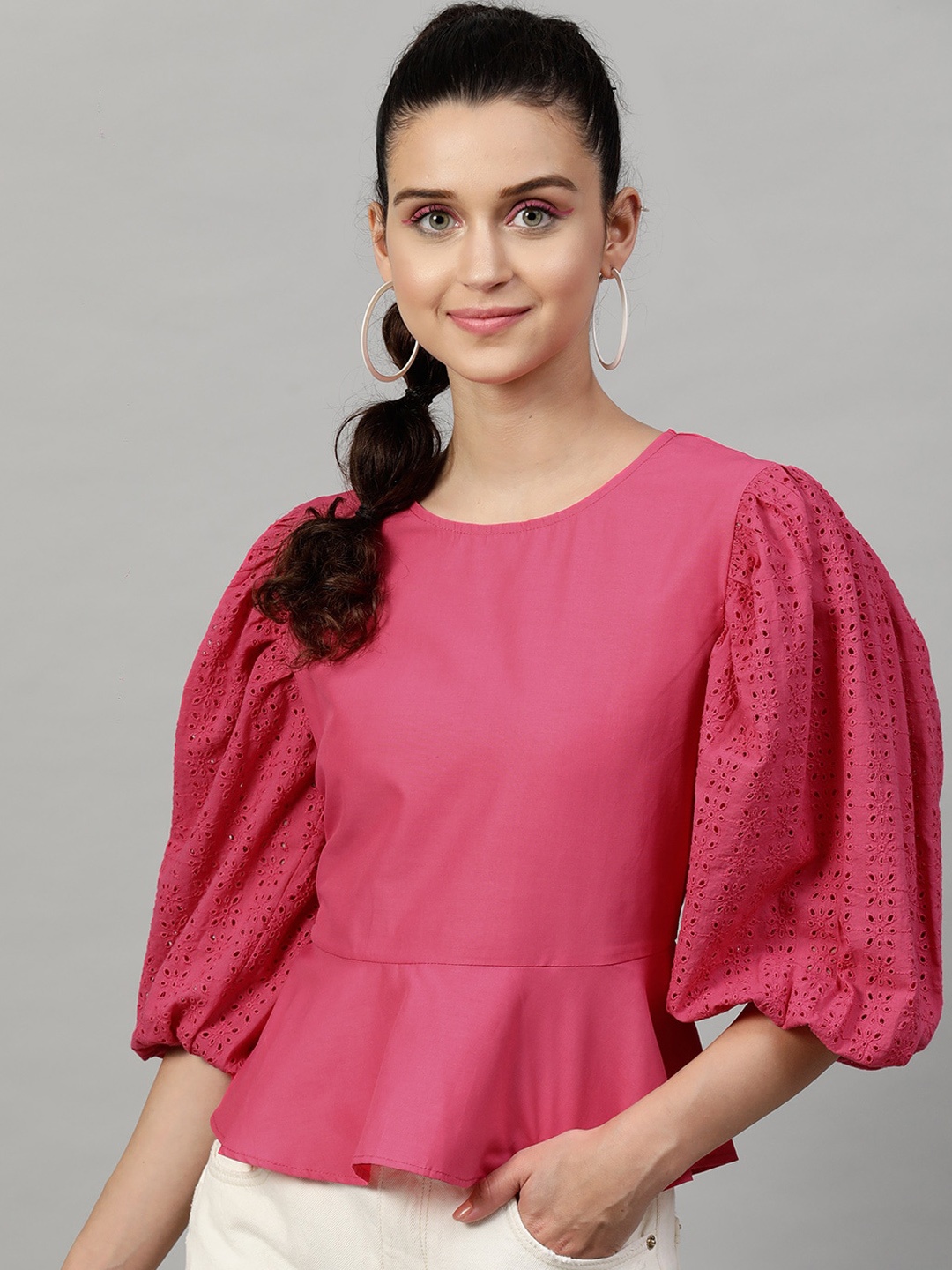 

Street 9 Fuchsia Puff Sleeves Pure Cotton Peplum Top