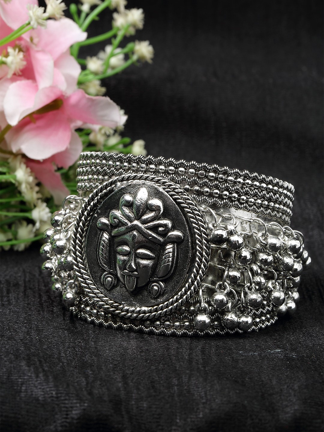 

Moedbuille Ghungro Studded Oxidised Silver Plated Handcrafted Temple Cuff Bracelet