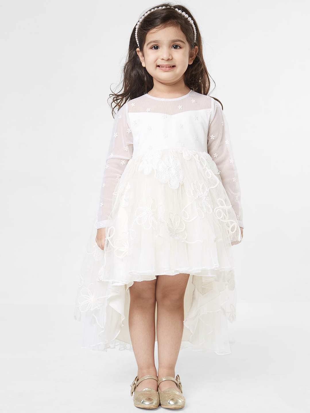 

TIC TAC TOE Girls White Self Design Fit and Flare Dress
