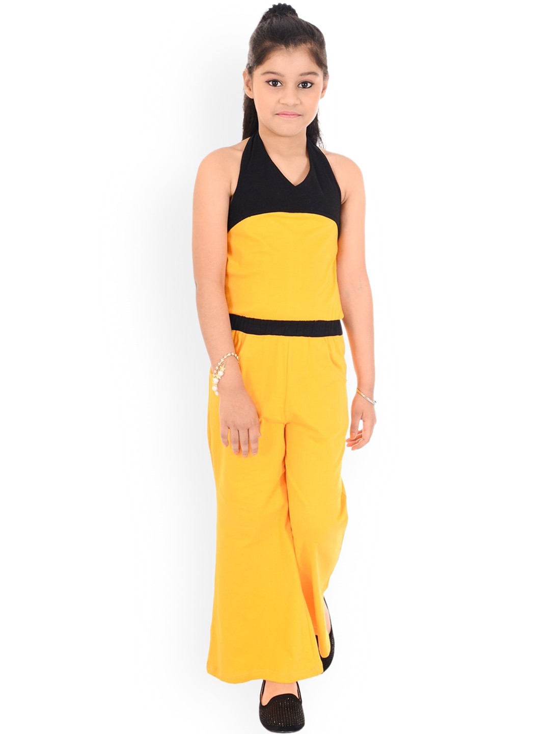 

Naughty Ninos Girls Mustard Yellow & Black Solid Jumpsuit