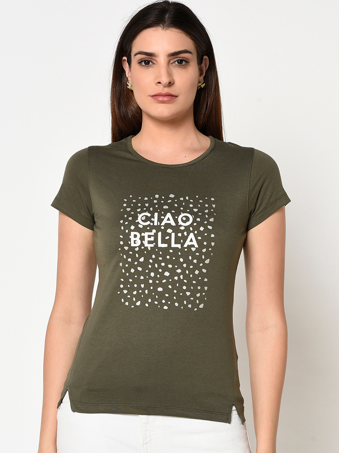 

METTLE Women Olive Green Printed Round Neck T-shirt