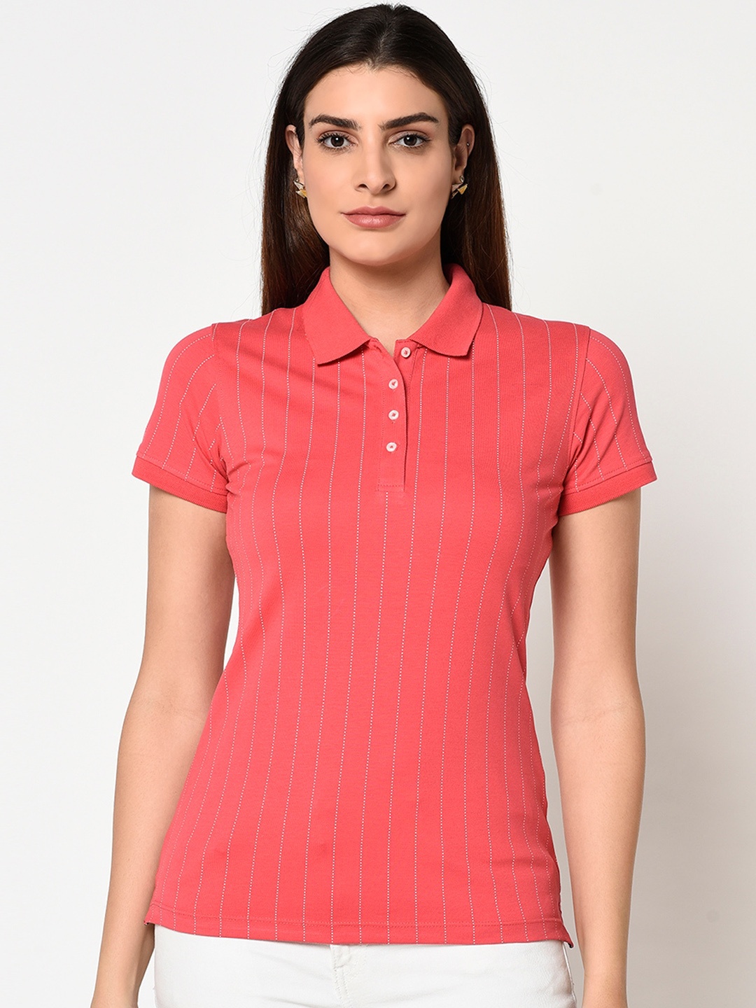 METTLE Women Pink Striped Polo Collar T-shirt