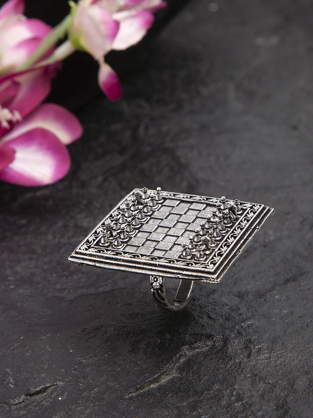 

Moedbuille Chess Design Oxidised Silver Plated Handcrafted Brass Finger Ring