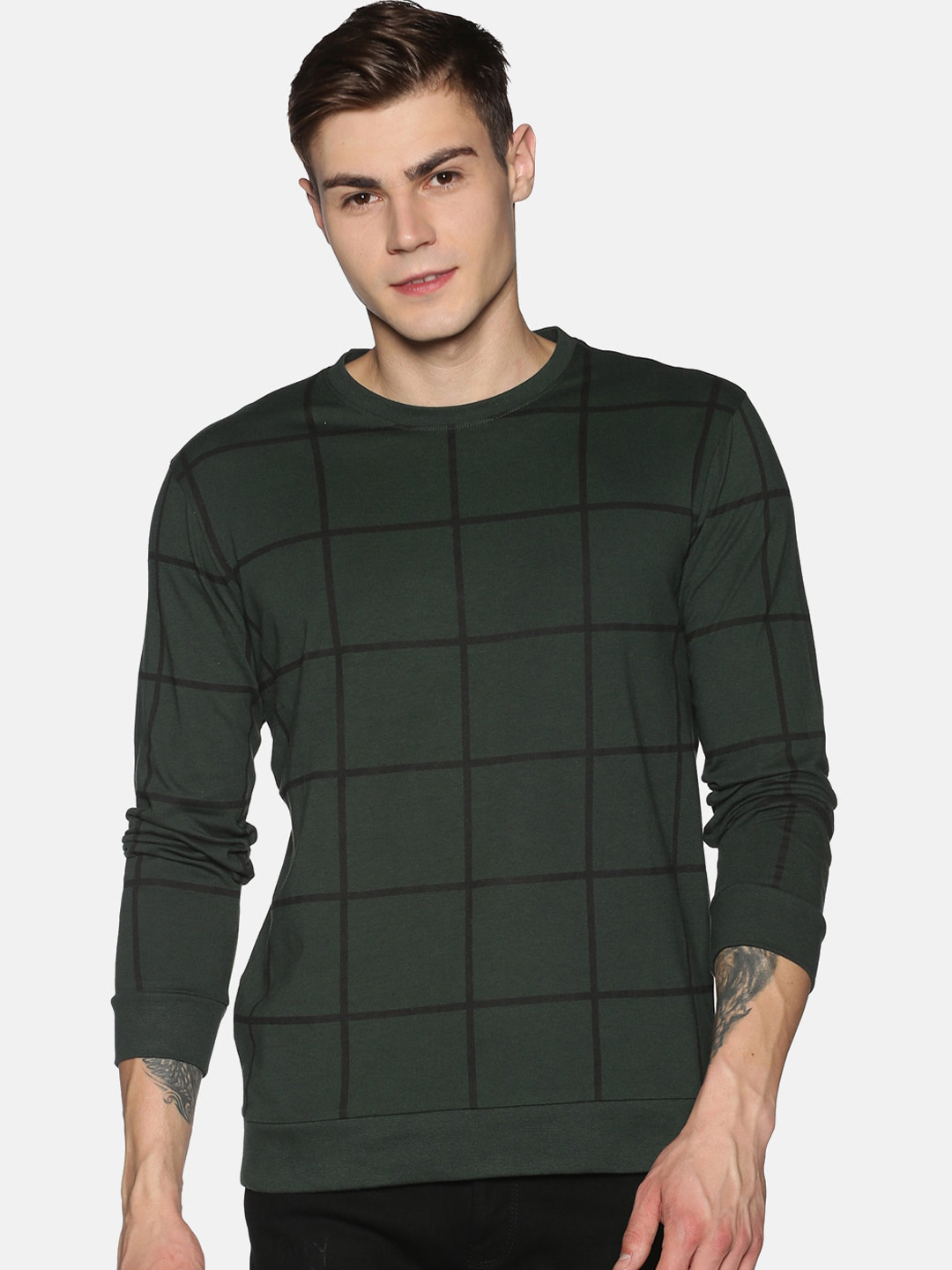 

UrGear Men Olive Green Checked Round Neck Pure Cotton T-shirt