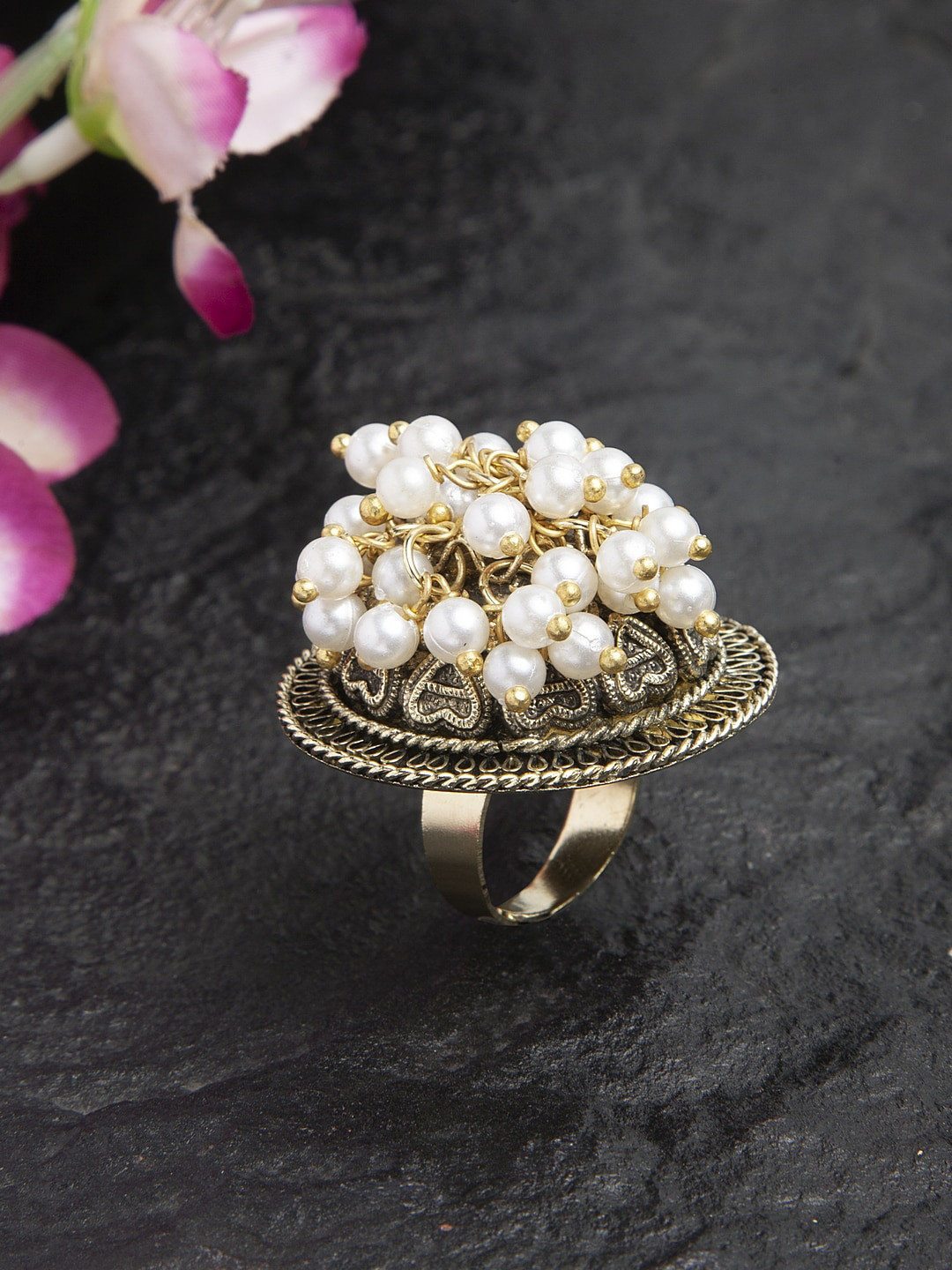 

Moedbuille Pearls Studded Oxidised Gold Plated Temple Design Handcrafted Finger Ring