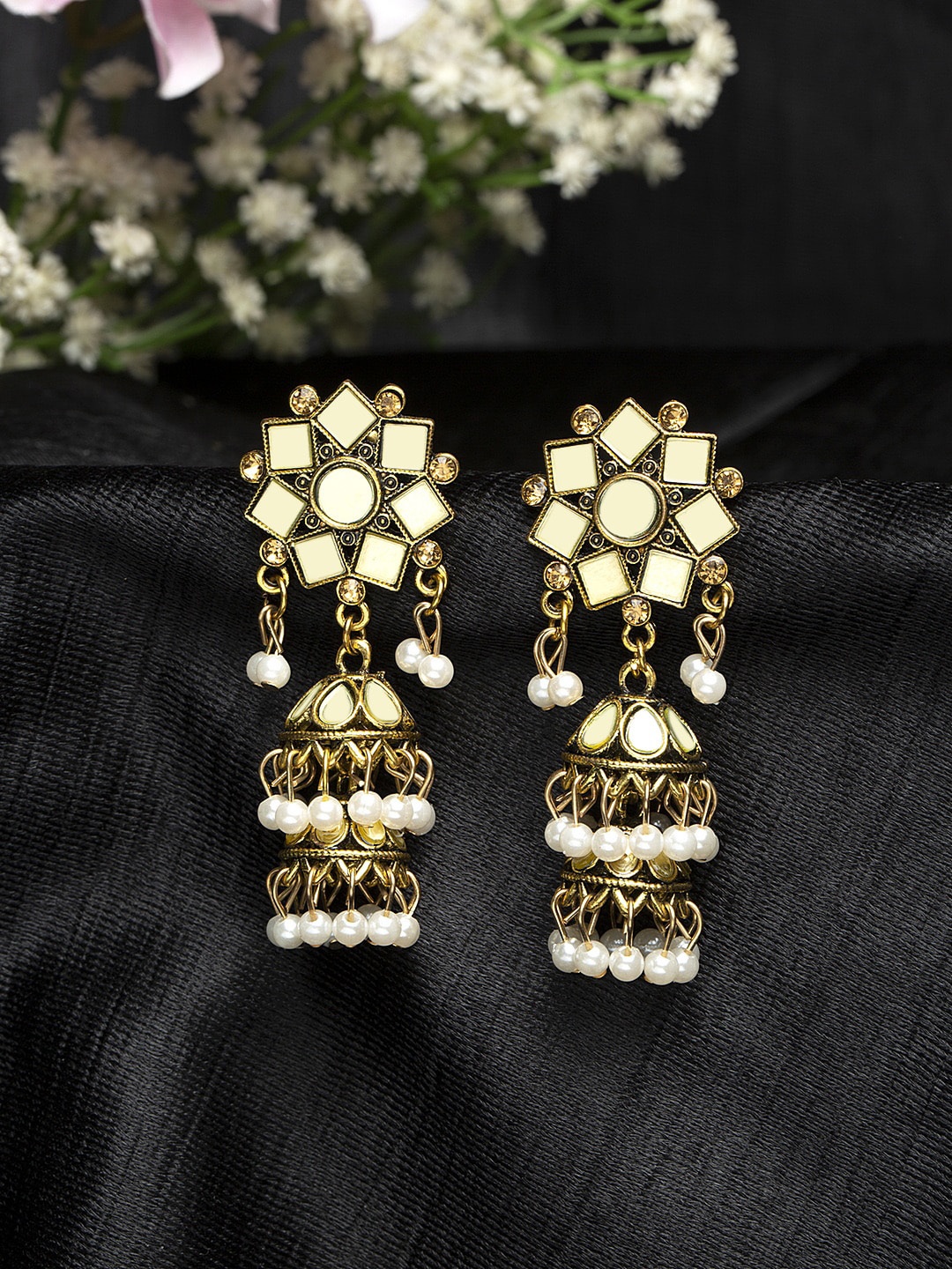 

Moedbuille Mirror Studded Oxidised Gold Plated Handcrafted Layered Design Jhumkas