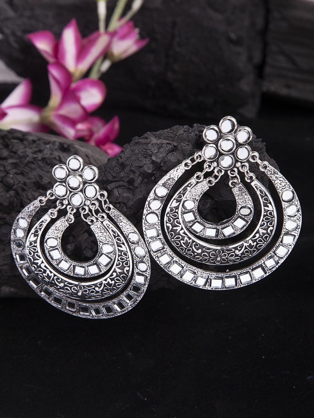 

Moedbuille Mirrors and Stones Studded Layered Design Oxidised Silver Plated Handcrafted Chandbalis