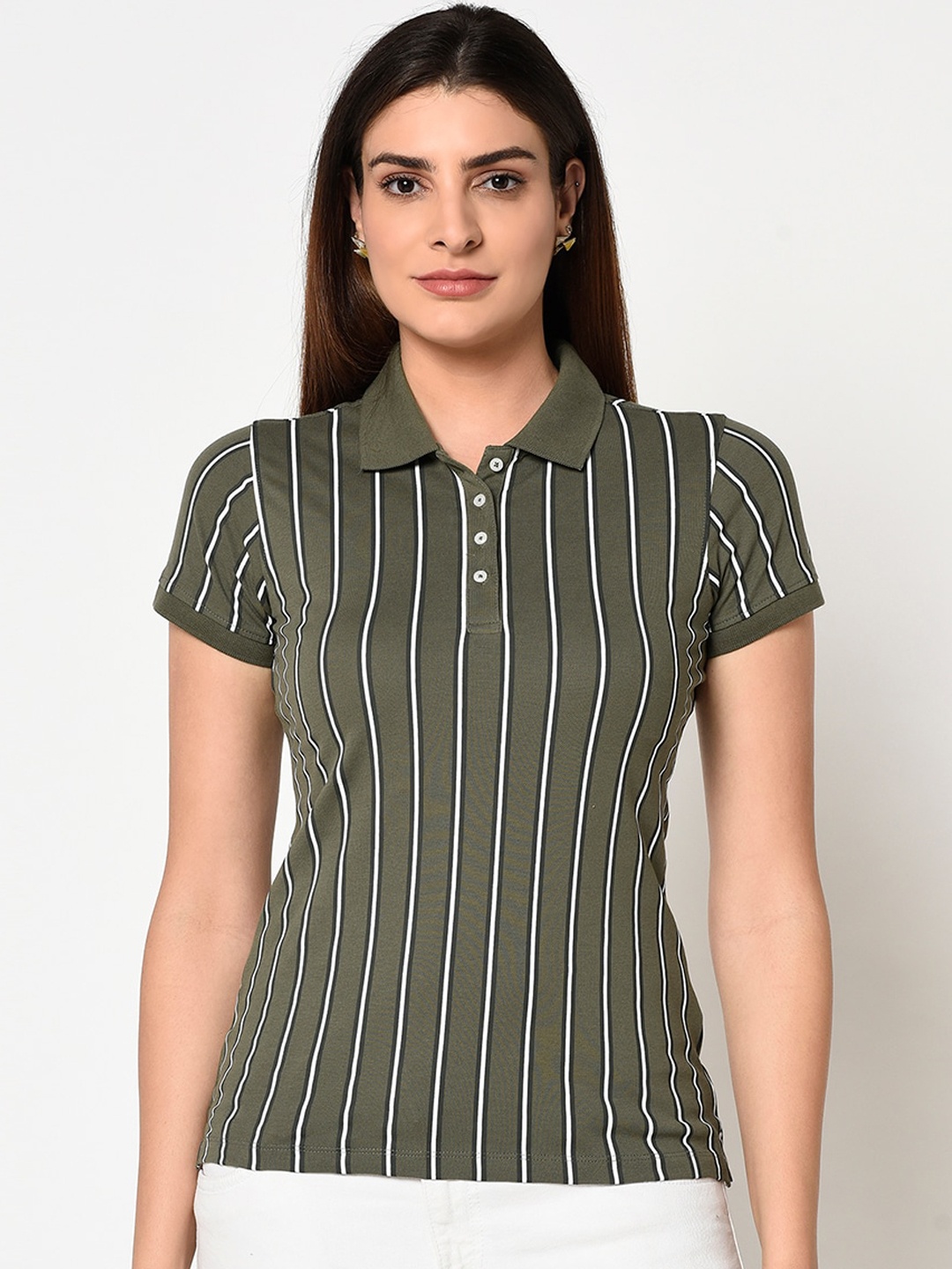 

METTLE Women Olive Green Striped Polo Collar T-shirt