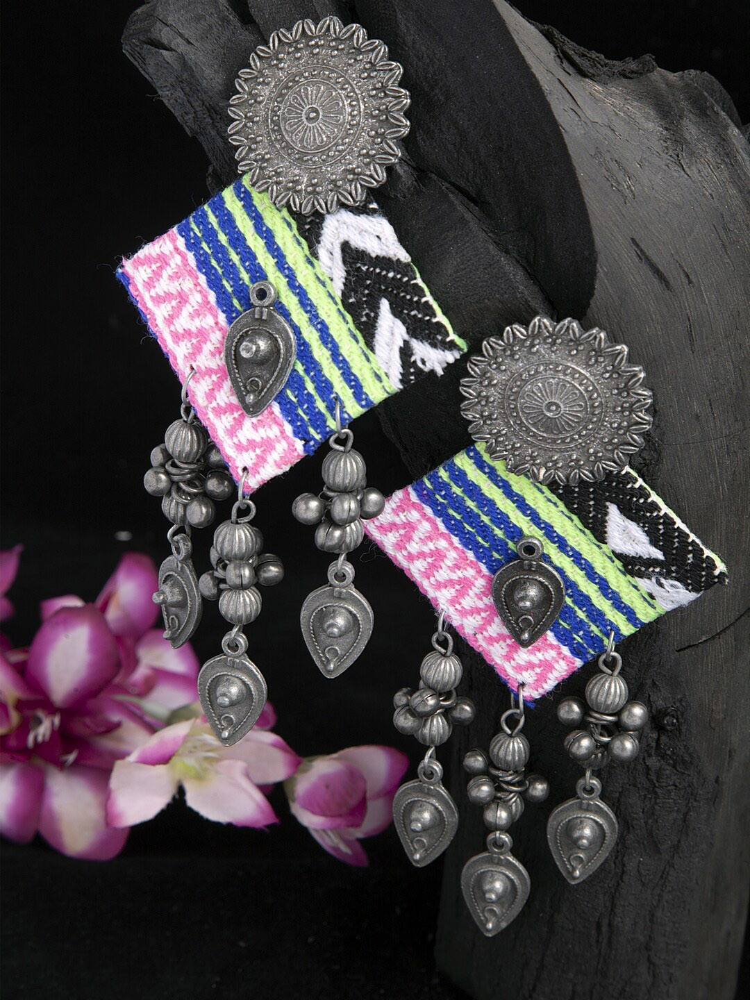 

Moedbuille Ghungroo Studded Tribal Design Oxidised Silver Plated Handcrafted Chandbalis, Pink